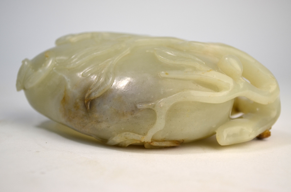 A Chinese green jade brushpot, carved as a peach hanging from a gnarled stem, - Image 3 of 8