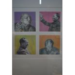 A framed Chinese print designed as four portraits of Mao Zedong (1893-1976),