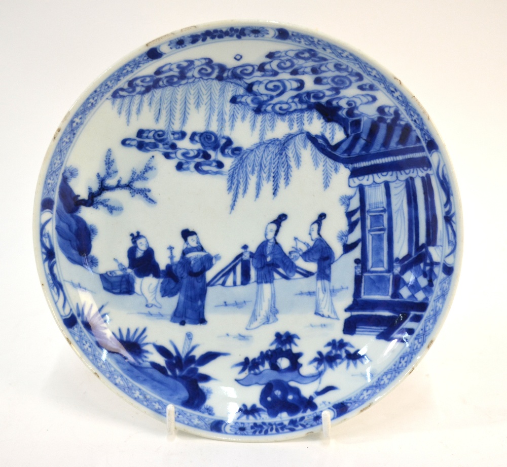 A Chinese blue and white saucer dish, decorated with a Scholar and two ladies in a narrative scene, - Image 2 of 5