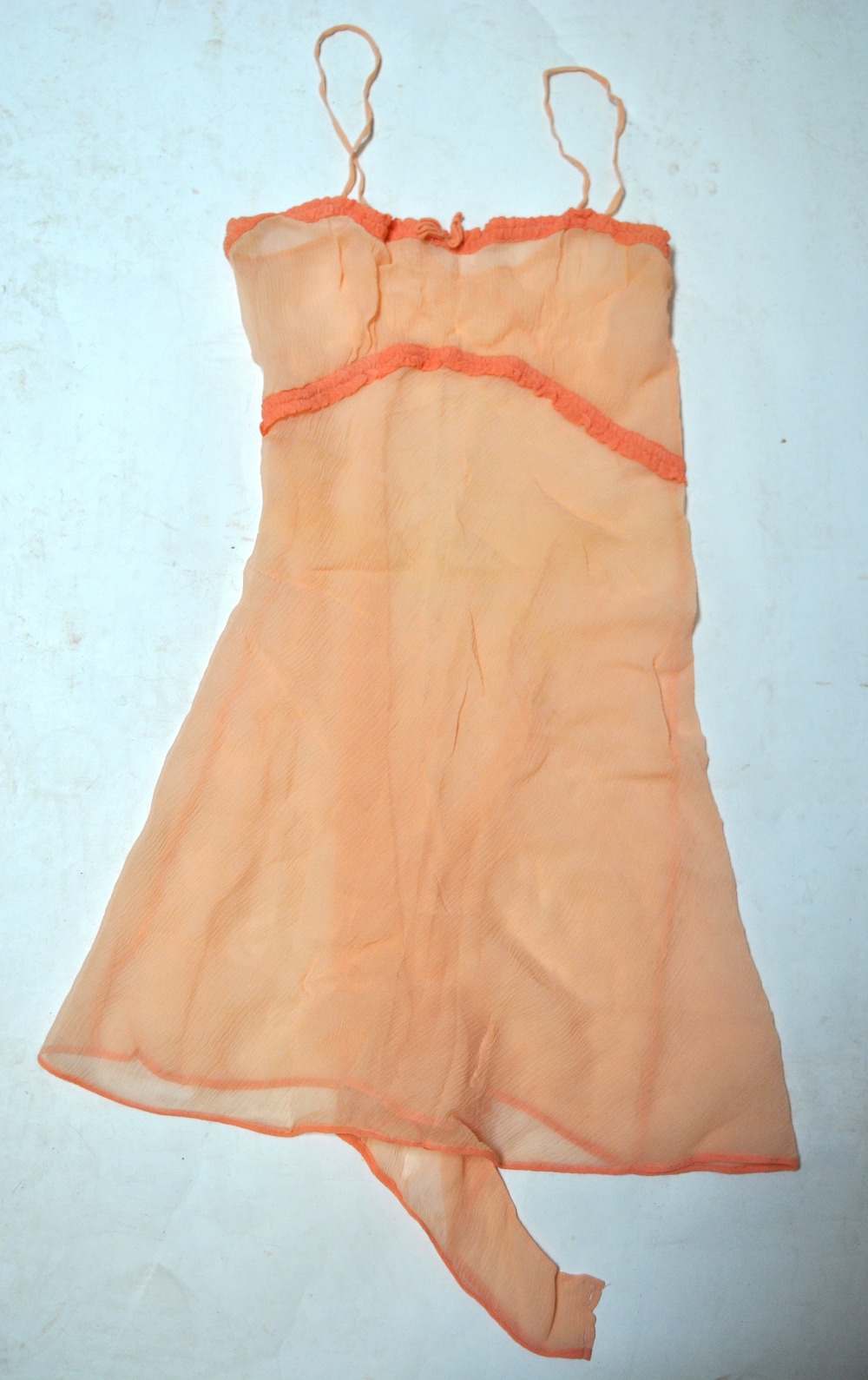 A pale blue silk georgette negligee edged with peach lace, - Image 3 of 7