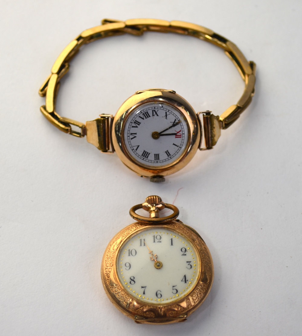 A lady's Swiss 14k fob watch with Art Nouveau engraved case to/w a 9ct lady's wristwatch with