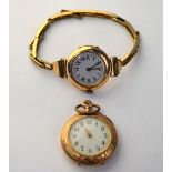 A lady's Swiss 14k fob watch with Art Nouveau engraved case to/w a 9ct lady's wristwatch with