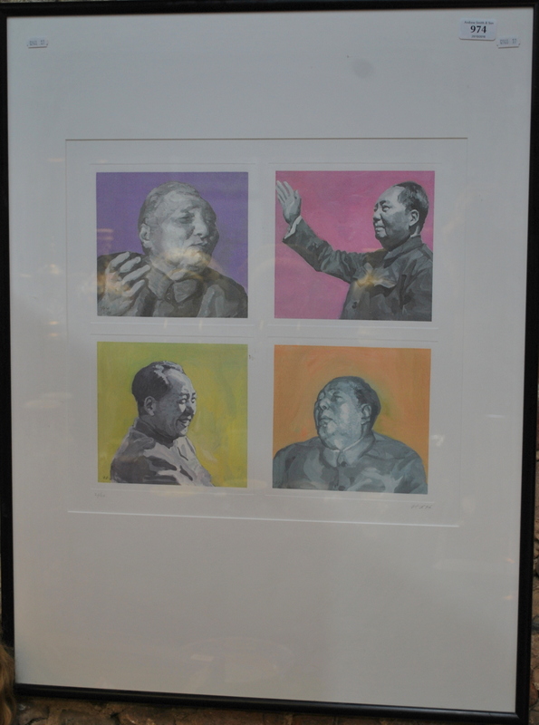 A framed Chinese print designed as four portraits of Mao Zedong (1893-1976),