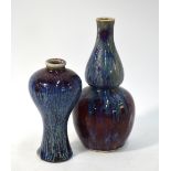 Two mottled blue/mauve/red Chinese glazed vases: one of tall meiping form; the other of gourd form.