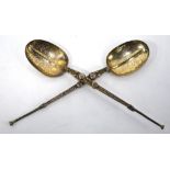 A large pair of Edwardian commemorative silver gilt Coronation Anointing spoons, Wakely & Wheeler,