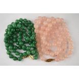 A single row of rose quartz beads to/w single row of green dyed aventurine beads both approx 80 cm