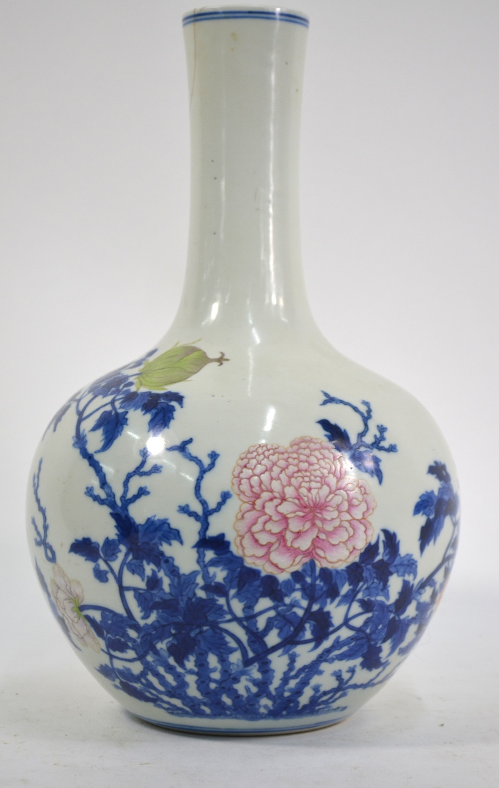 A Chinese underglaze blue and famille rose decorated vase with cylindrical neck and oviform body; - Image 2 of 8