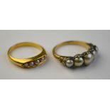 A five stone half pearl ring, yellow gold and silver set,