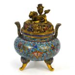 A Chinese Cloisonne enamel incense burner with pierced domed cover and Buddhistic Lion finial,