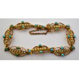 A Victorian turquoise and pearl ornate linked bracelet, yellow gold set,