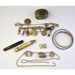 Lot containing various items including silver curb bracelet with charms attached in various metals,