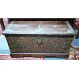 An old brass studded and bound teak 'Zanzibar' chest,