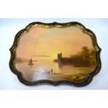John Wallace Tucker attrib - a large 19th century papier mache tray with pictorial painted estuary