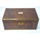 A Victorian brass-bound burr walnut large writing slope with Bramah lock (lacks interior but with