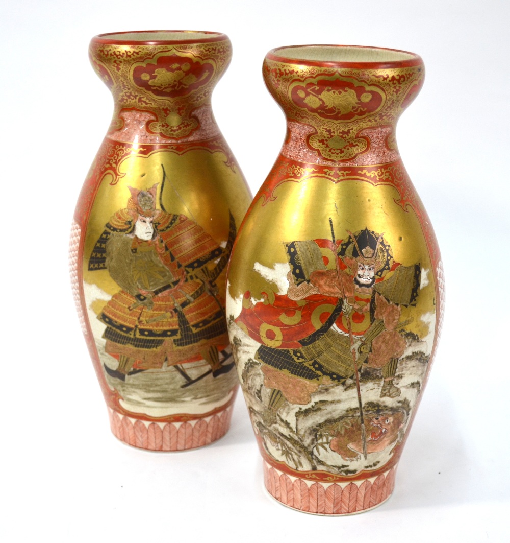 A pair of Japanese, Kaga vases, dai Nihon Kutani single line inscriptions,