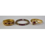 Three ruby and diamond set rings including three stone crossover, five stone,