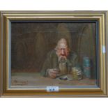 Continental school - An old drunk seated at a table eating grapes, oil on board, signed lower left,