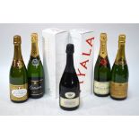 A collection of six 750 ml bottles of champagne comprising two presentation boxed Ayala Brut Majeur,