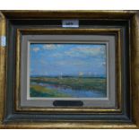 Vassilis Magiassis (1880-1926) - An estuary landscape with sail boats on horizon, oil on card,