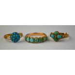 Three Victorian turquoise set rings, all yellow gold set,