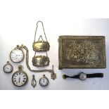 Two Swiss ladies' silver fob watches, to/w two gent's base metal pocket watches,