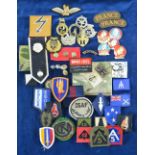 Various military cap badges, including Victorian Infantry, Queen Royal 2, Gloucester Regiment,