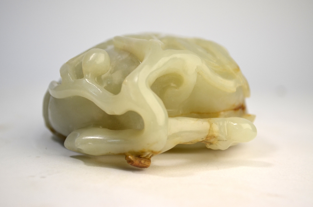 A Chinese green jade brushpot, carved as a peach hanging from a gnarled stem, - Image 4 of 8