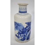 A Chinese, blue and white rouleau vase, decorated with a design of birds and flowers, 25cm high,