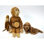 Two vintage stuffed soft toy monkeys in very worn condition,