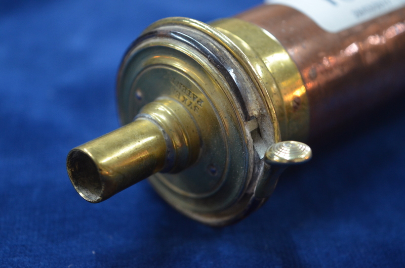 A 19th century copper and brass gunpowder flask with Sykes patent nozzle, - Image 2 of 4