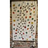 A contemporary wall-hanging painted with multi-coloured bug-like creatures and embellished with
