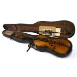 A 19th century German violin, unnamed, with two-piece flame satinwood back, lot 36 cm,