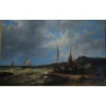 Abraham Hulk I (1813-97) - A coastal view with boats on foreshore and two in sea, oil on canvas,