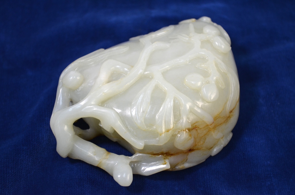 A Chinese green jade brushpot, carved as a peach hanging from a gnarled stem, - Image 8 of 8