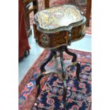 A 19th century French kingwood, ebony and gilt mounted kidney shaped jardiniere stand and cover,