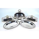 A pair of electroplated entree dishes and covers with detachable handles to/w a pair of oval