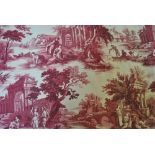 A pair of lined and interlined curtains crimson Toile de Jouy curtains with co-ordinating tartan