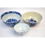 Three Chinese underglaze blue decorated bowls; two with Kangxi four-character marks,