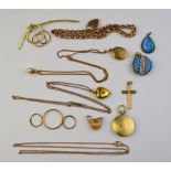A collection of various items including some 9ct, curb bracelet, cross pendant, three lockets,