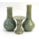 Three provincial celadon vases, comprising: one with trumpet neck,