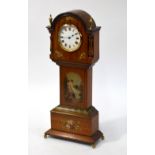 A painted satinwood miniature longcase clock with drum movement and enamel dial,