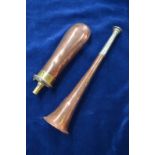A 19th century copper and brass gunpowder flask with Sykes patent nozzle,