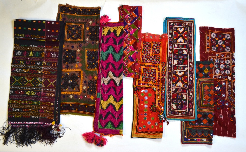 A quantity of Asian textiles, comprising: six various Shisha/Abhala Bharat decorated fabrics,