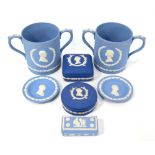 Wedgwood Jasper Ware Royal commemorative wares comprising: Two loving cups for the Royal Silver