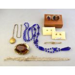 Three rings set various coloured paste, to/w six chains, blue bead necklace, paste set brooch,