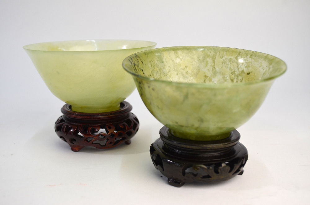 Two Chinese, semi-translucent mottled-green stone bowls; each one on a circular foot. - Image 2 of 10
