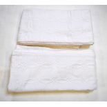 Two boxes containing two white heavy cotton bedspreads with quilted entwined circle pattern (to fit