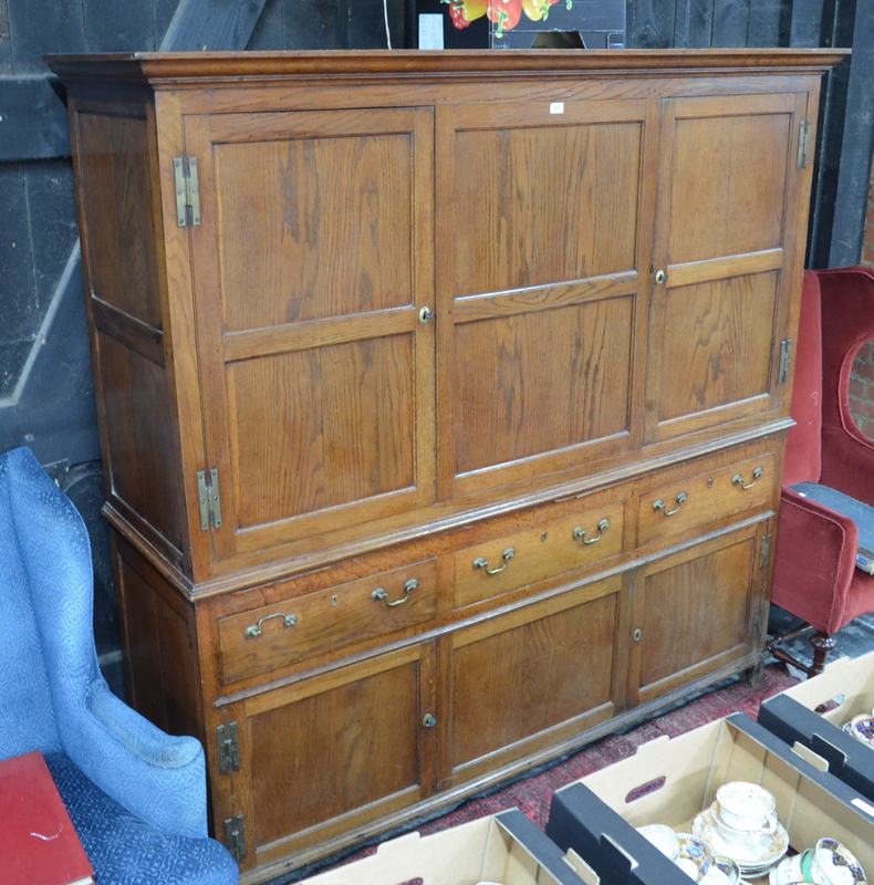 An 18th century oak country housekeepers cupboard in two parts, - Image 2 of 8