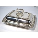 An Old Sheffield Plate rectangular entree dish and cover with foliate-cast detachable handle and