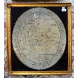 A George III fine cross-stitch oval map sampler with floral silk long-stitch border, by Mary Wills,